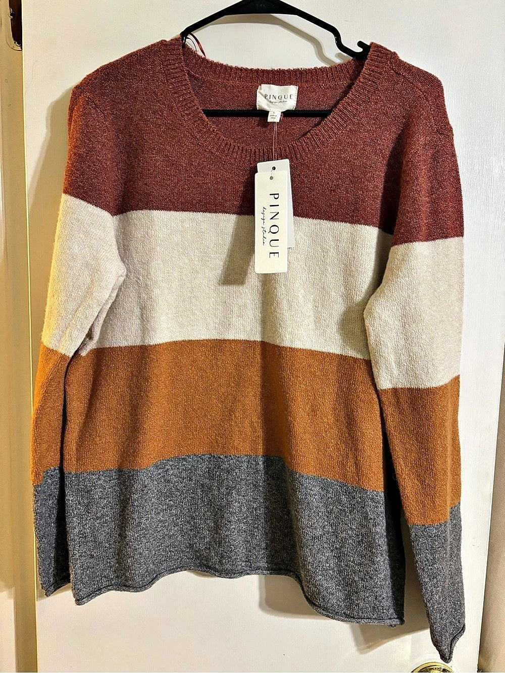 NWT Pinque Gina Colorblock Striped Crewneck Sweater - Rust Stone Combo